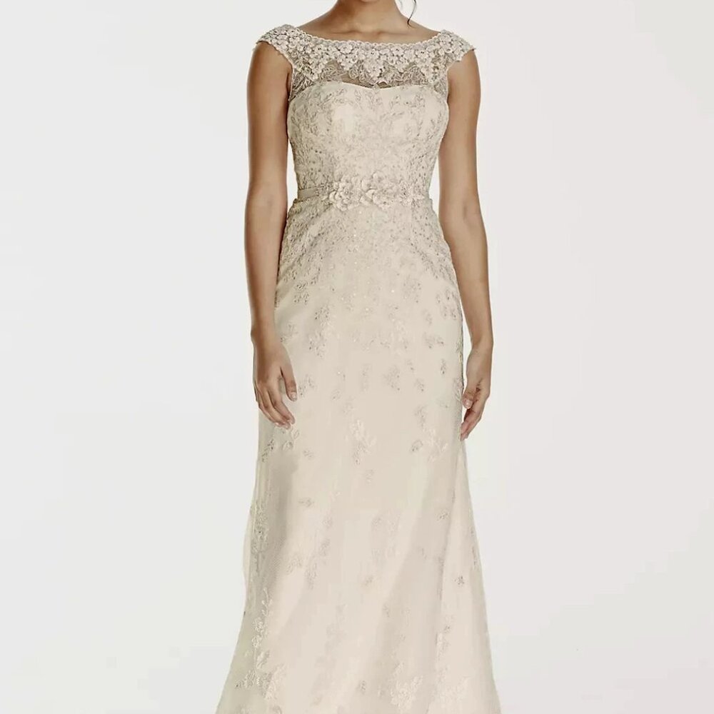 Melissa Sweet Ivory Illusion Lace Cap Sleeve A‑Line Wedding Dress Sz 6 NWT